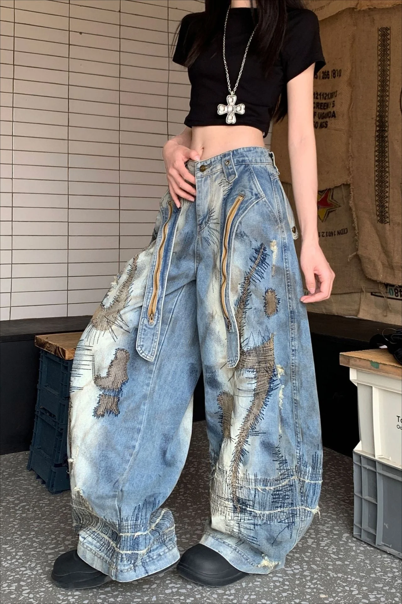 Grunge Embroidered Denim Jeans - Image 2