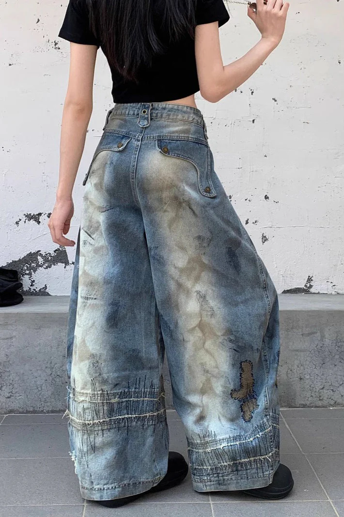 Grunge Embroidered Denim Jeans - Image 4