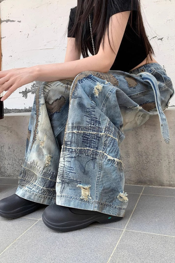 Grunge Embroidered Denim Jeans - Image 5