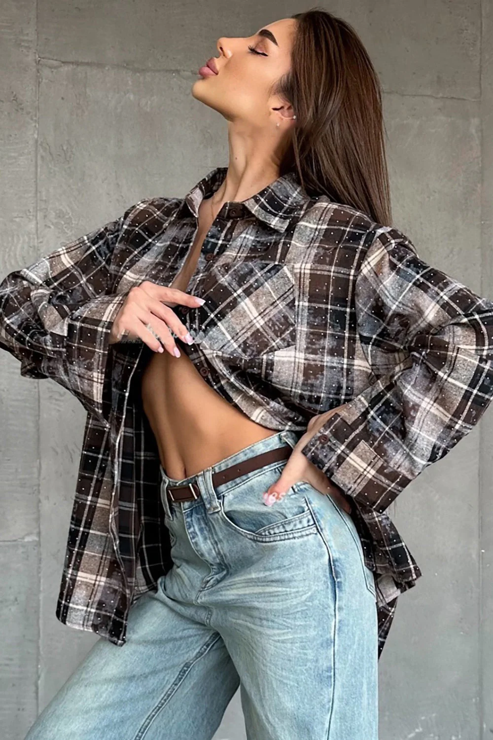 Rhinestone Embellished Plaid Blouse - Image 3