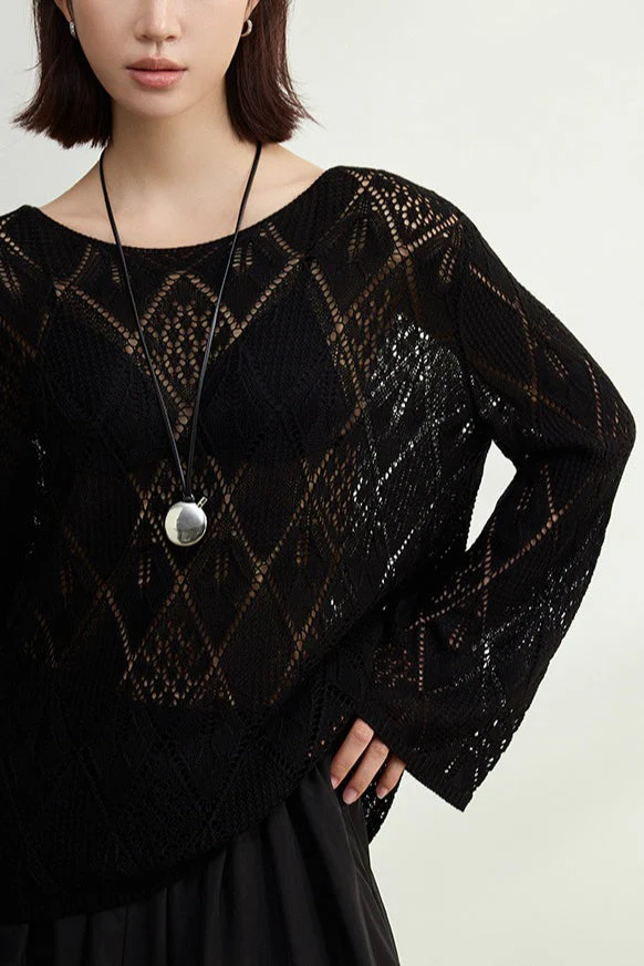 Jacquard Knit Diamond Pattern Blouse - Image 3