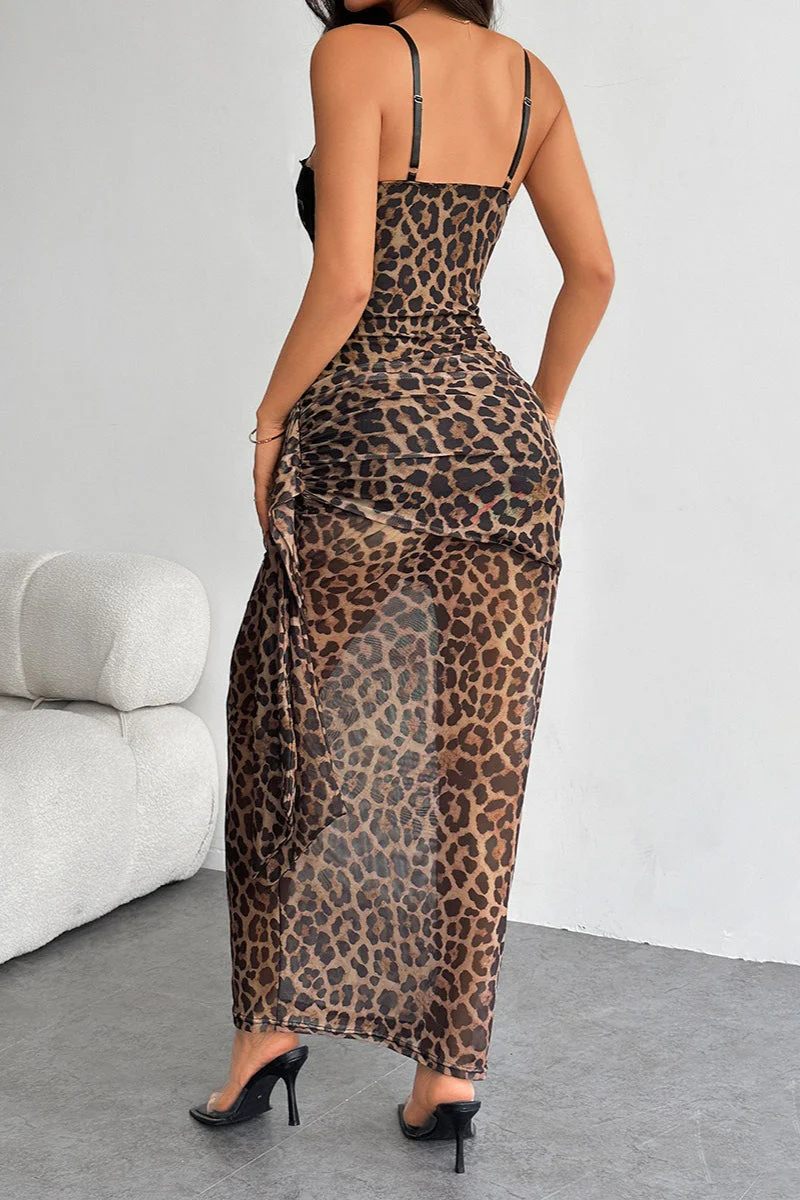 Sexy Leopard Print Lace Bodycon Maxi Dress - Image 4