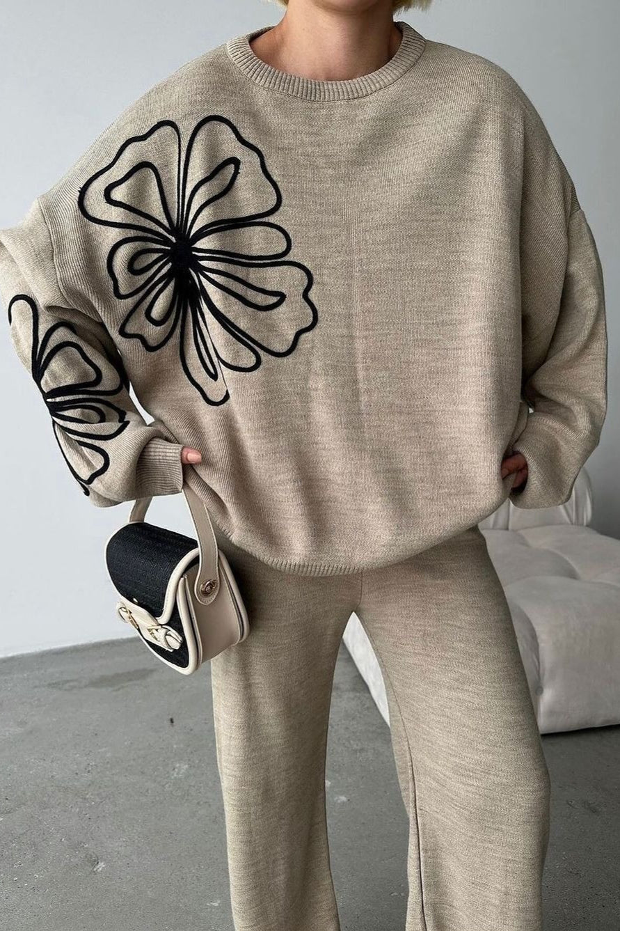 Casual Round Neck Knit Sweater with Pants Two Piece Pants Set - Image 2