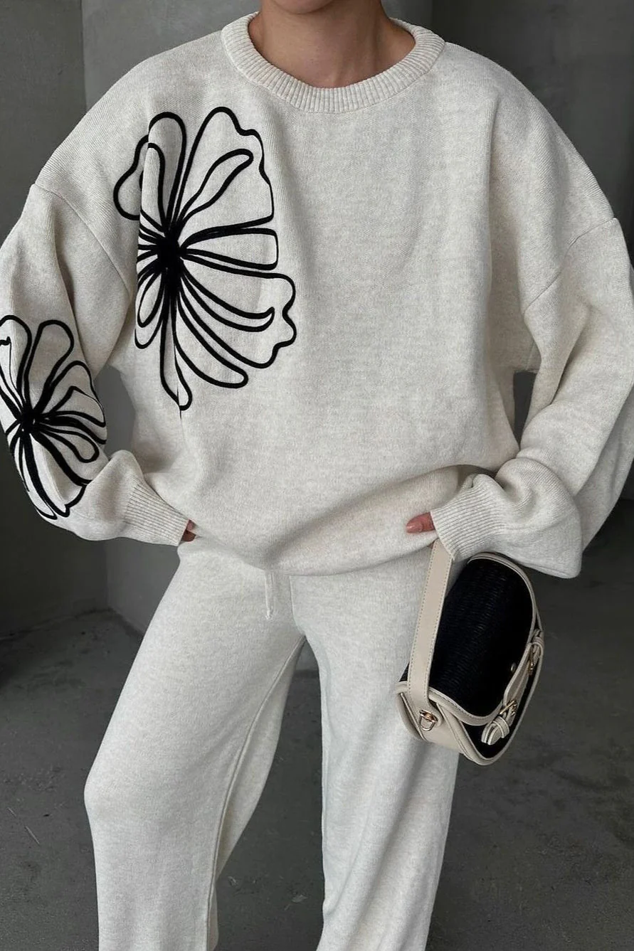 Casual Round Neck Knit Sweater with Pants Two Piece Pants Set - Image 6