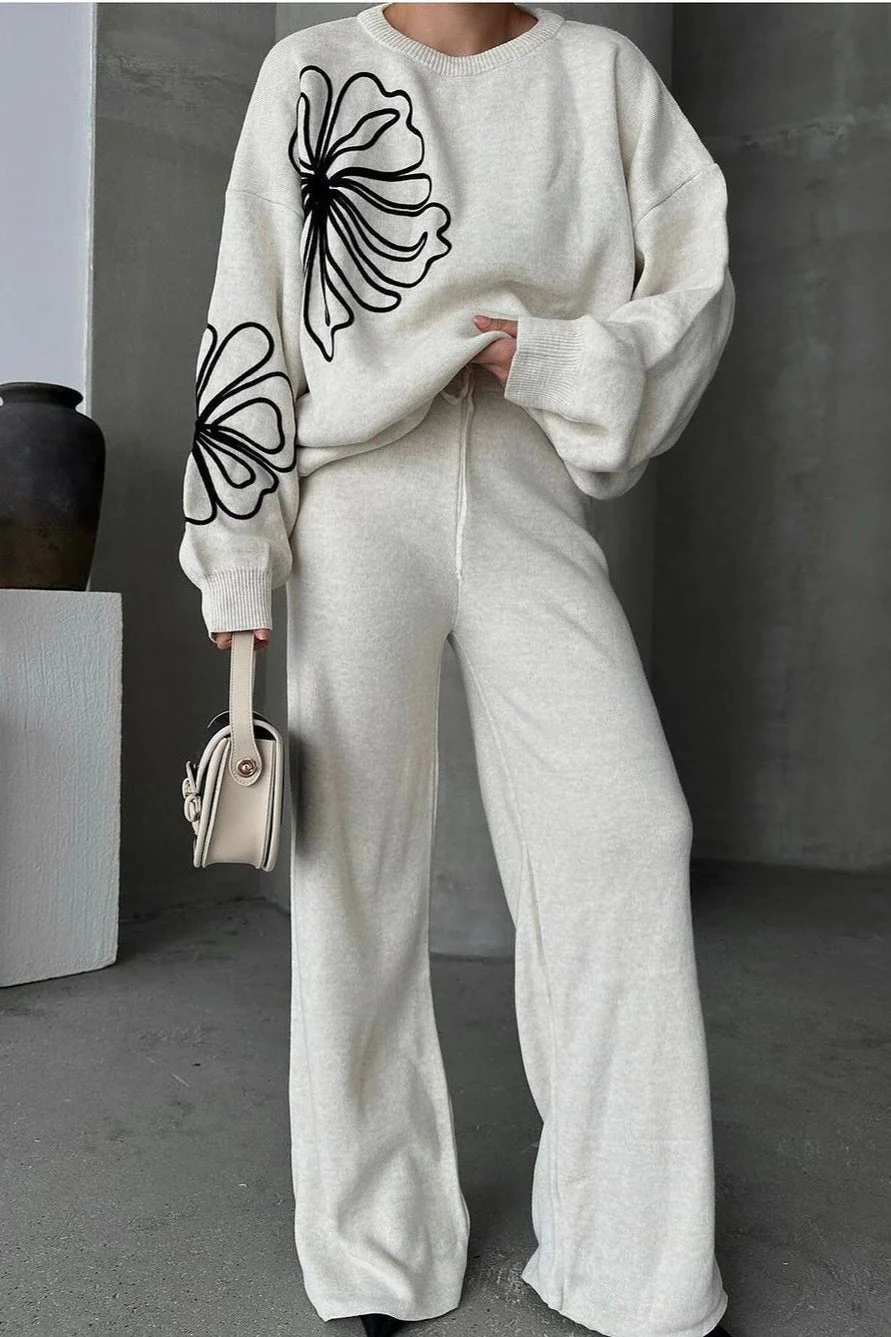 Casual Round Neck Knit Sweater with Pants Two Piece Pants Set - Image 7