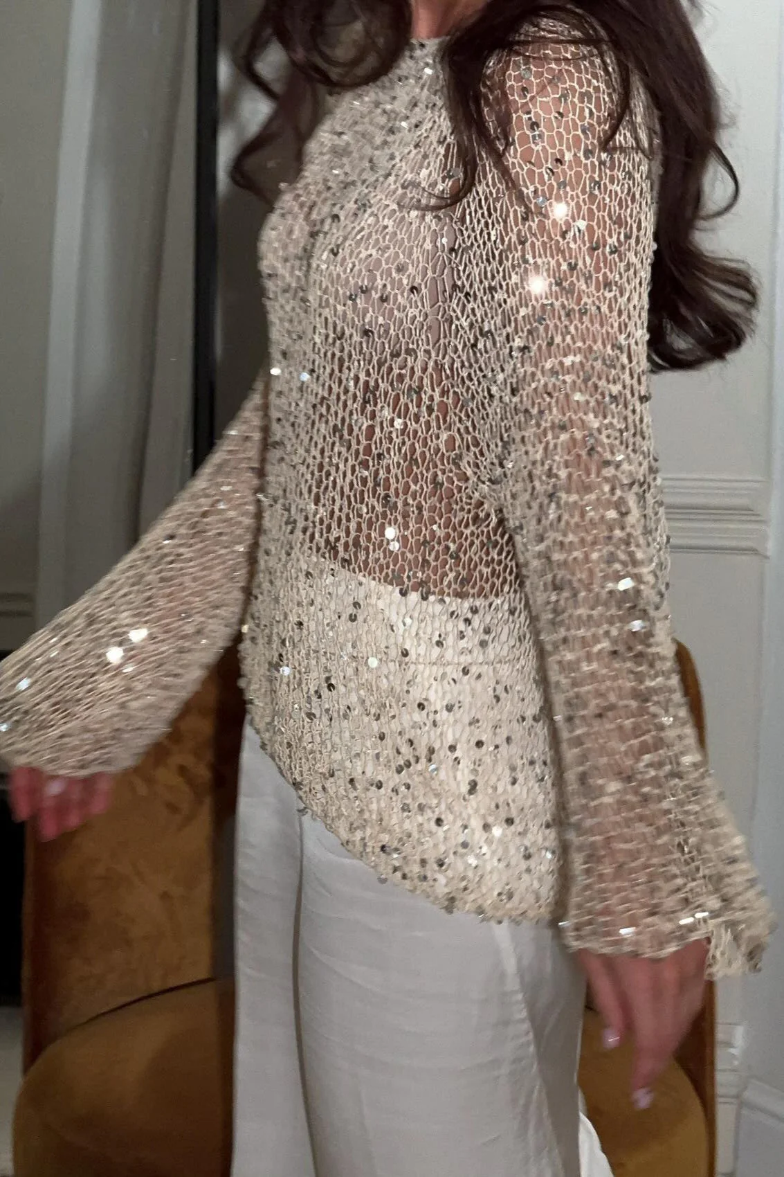 Elegant Sequin Long Sleeve Knit Blouse - Image 3