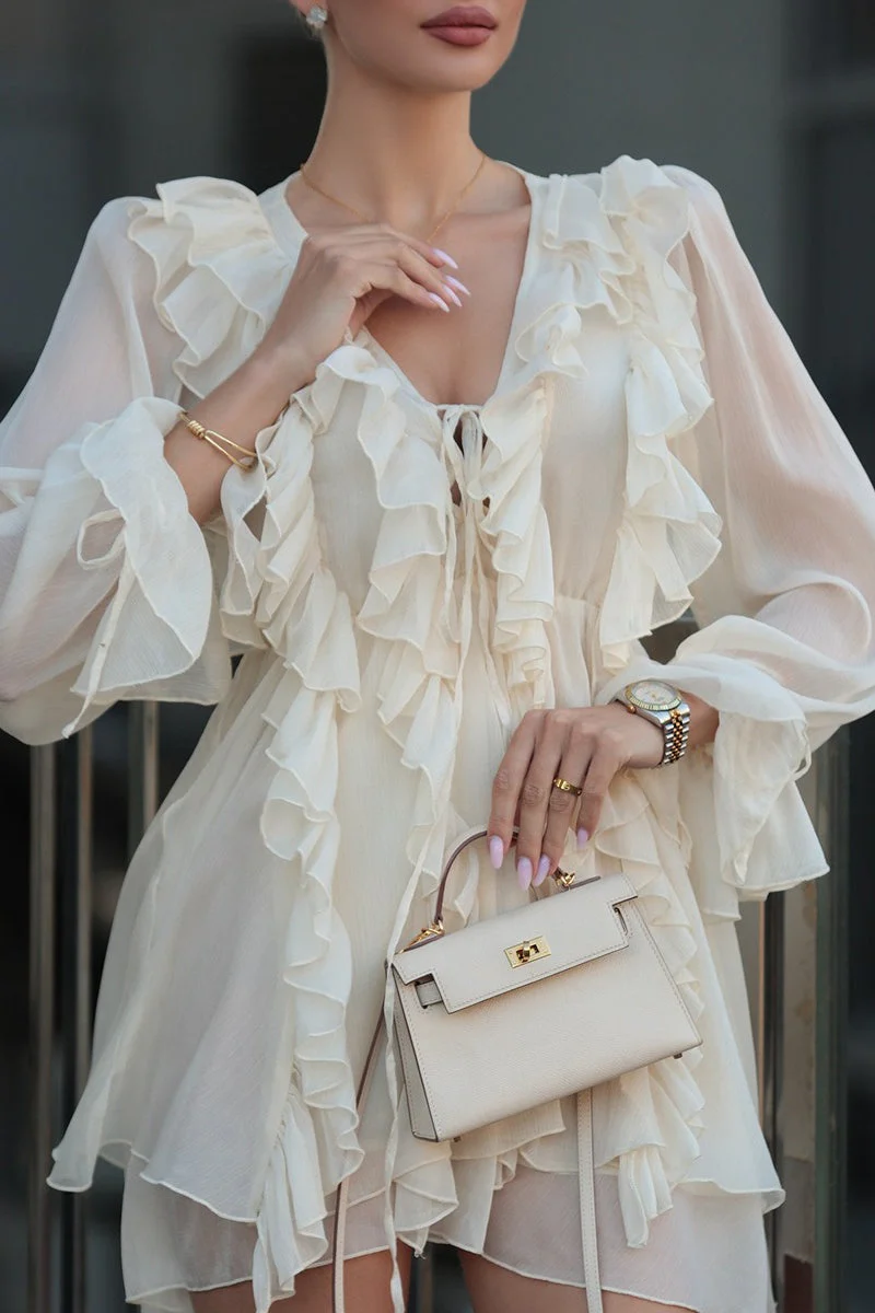 Ruffled Chiffon Long Sleeve Mini Dress - Image 4