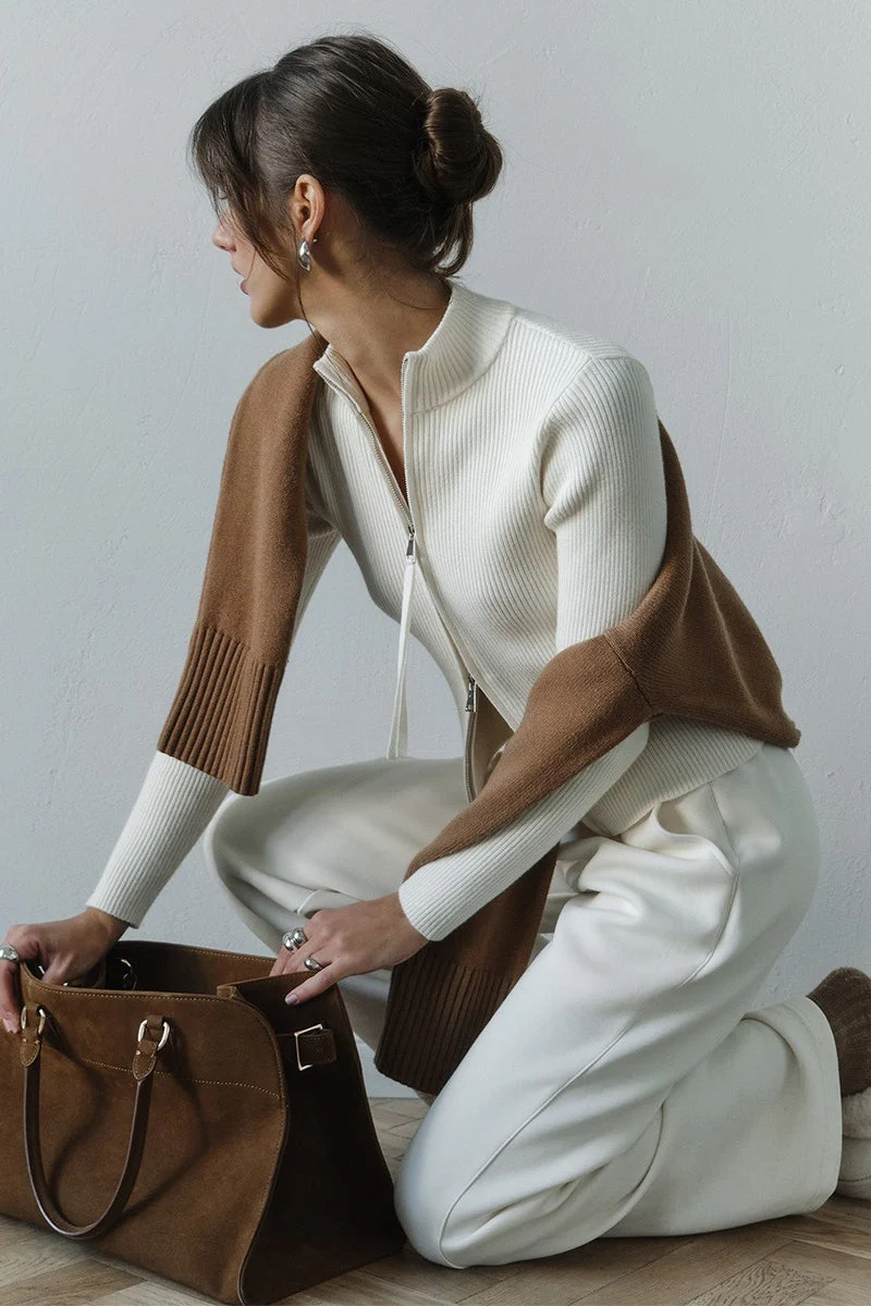 Knit Double Zipper Stand Collar  Blouse - Image 3