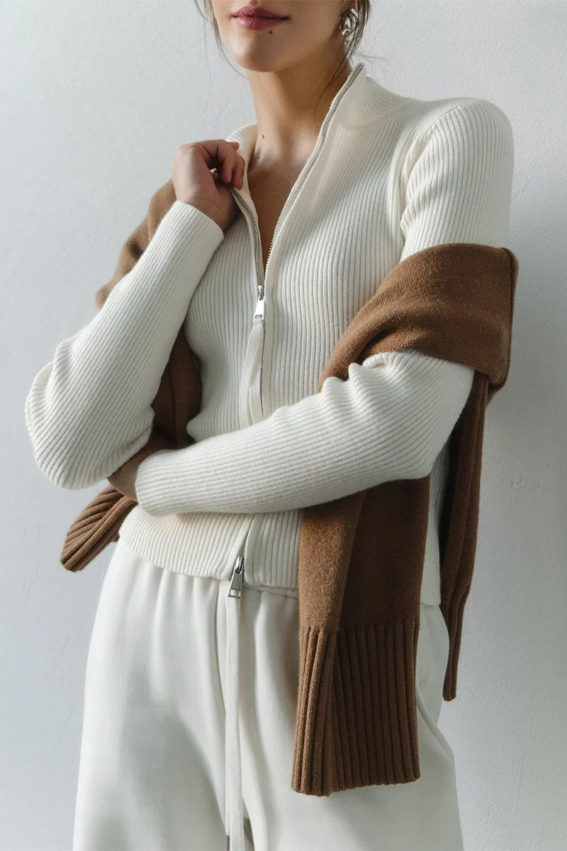 Knit Double Zipper Stand Collar  Blouse - Image 4