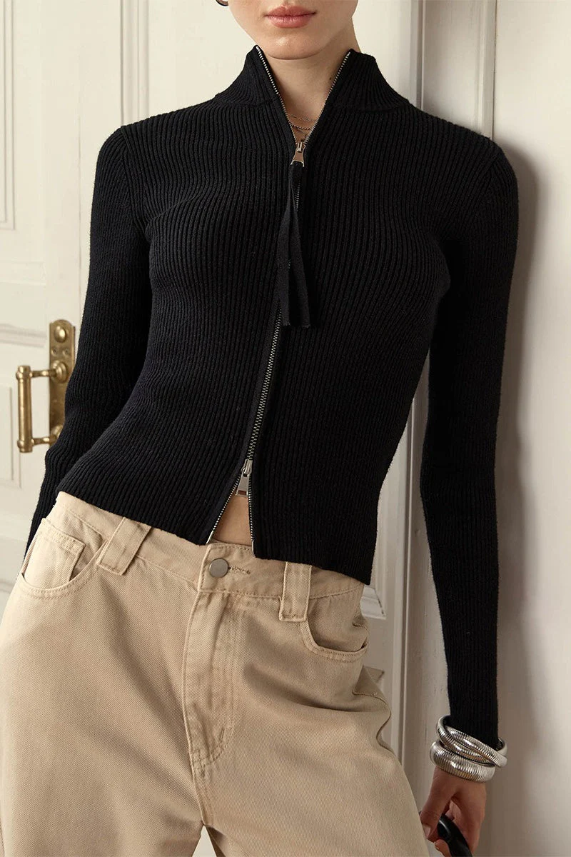 Knit Double Zipper Stand Collar  Blouse - Image 6