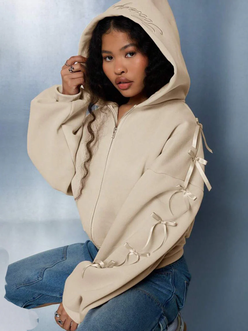 Embroidered Side Bow Zip Up Hoodie - Image 2