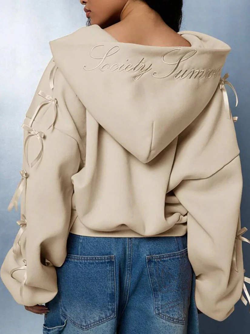 Embroidered Side Bow Zip Up Hoodie - Image 3