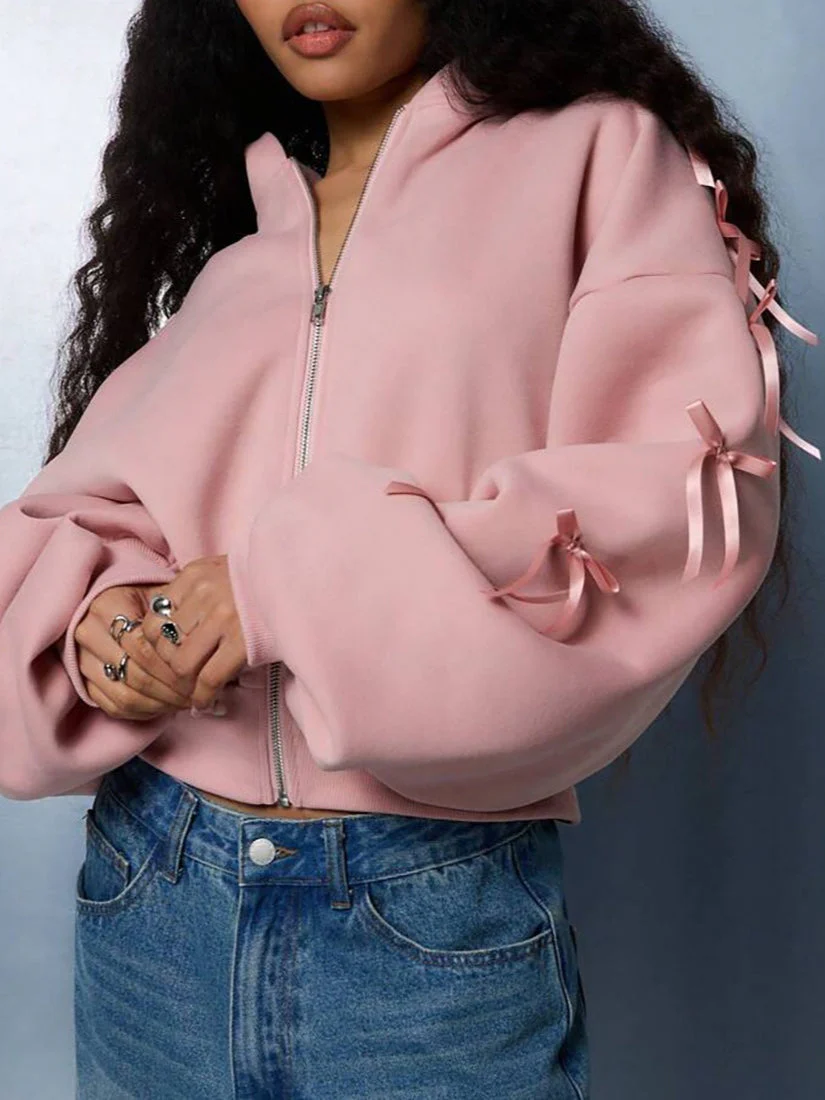 Embroidered Side Bow Zip Up Hoodie - Image 4