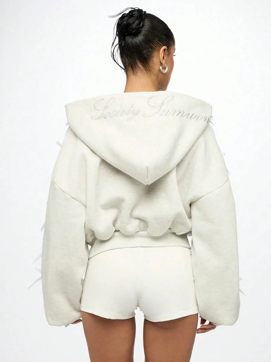 Embroidered Side Bow Zip Up Hoodie - Image 6