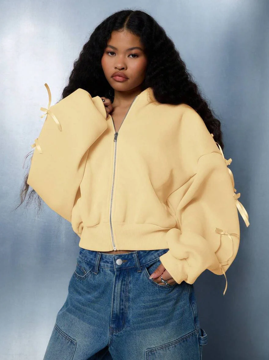 Embroidered Side Bow Zip Up Hoodie - Image 8