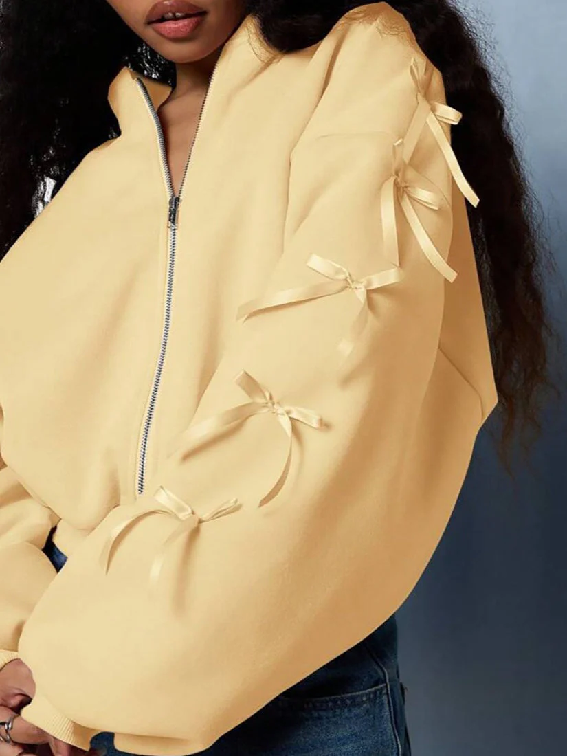 Embroidered Side Bow Zip Up Hoodie - Image 9