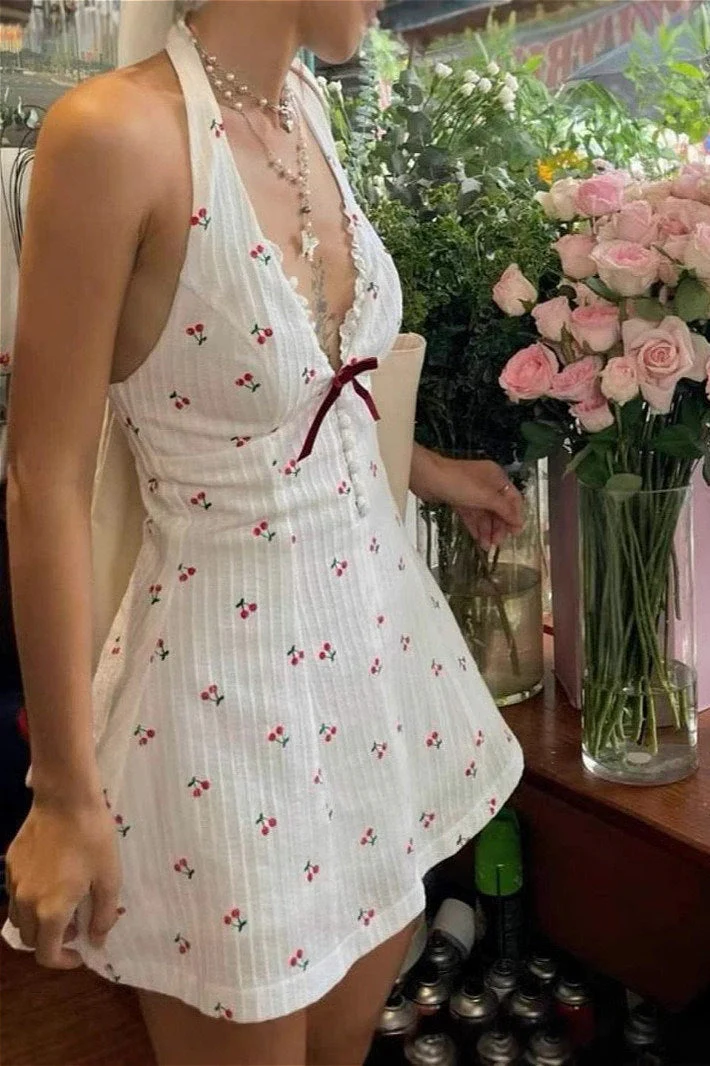 Cherry Print Halter Backless Mini Dress - Image 3