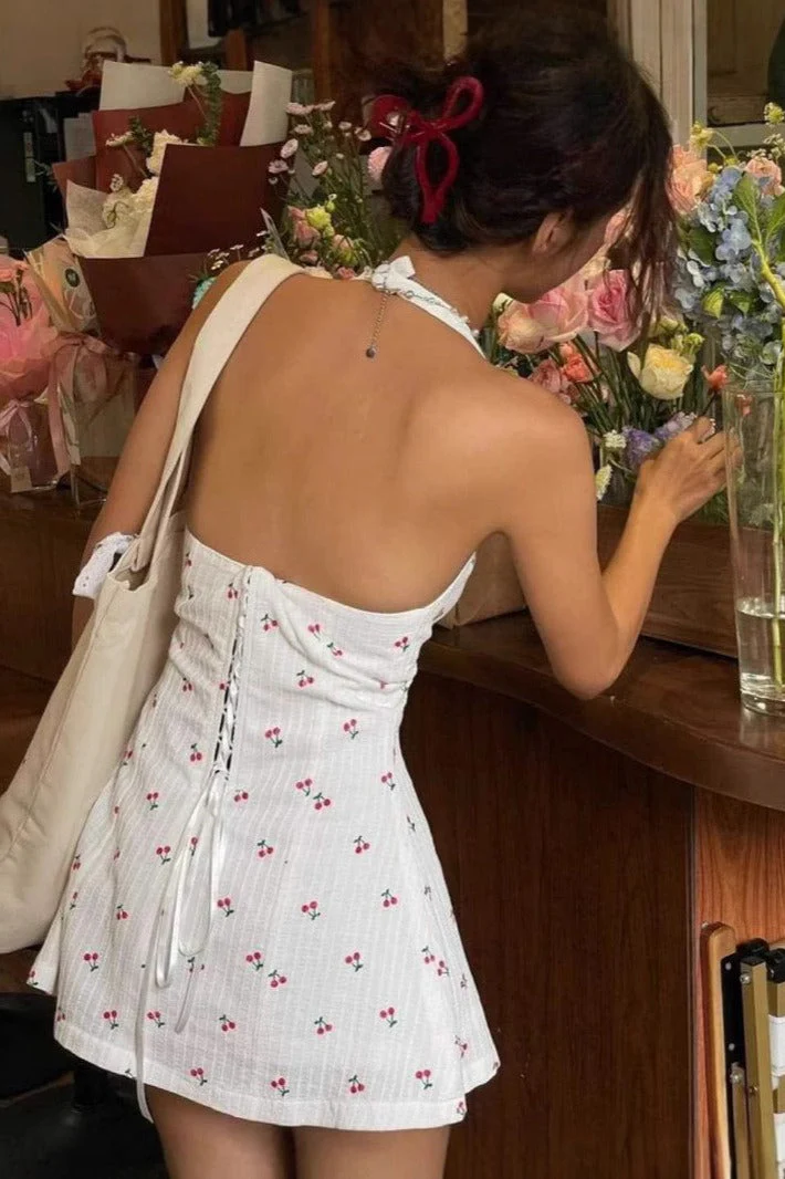 Cherry Print Halter Backless Mini Dress - Image 4