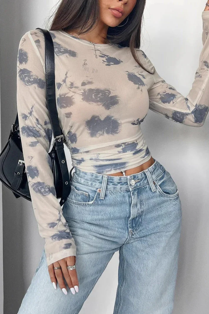 Mesh Floral Ruched Side Blouse - Image 2