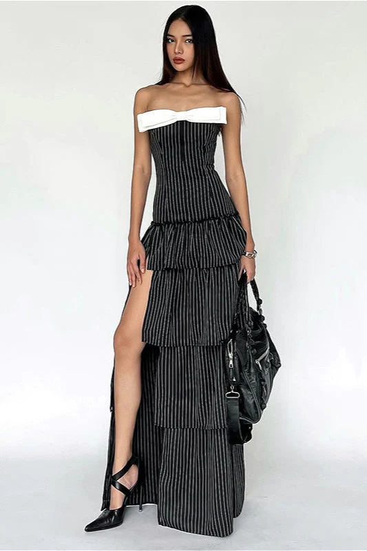 Sexy Striped Ruffle Hem Strapless Maxi Dress - Image 4