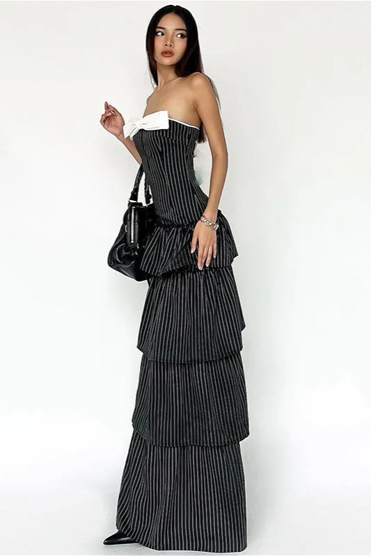 Sexy Striped Ruffle Hem Strapless Maxi Dress - Image 5