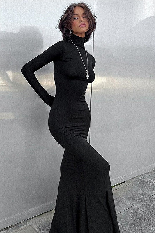 Solid Color High Neck Long Sleeve Maxi Dress - Image 4