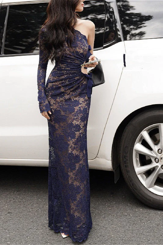 Sexy Lace One-Shoulder Bow Maxi Dress - Image 11