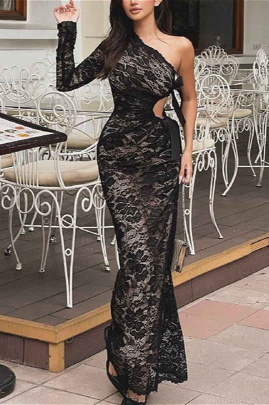 Sexy Lace One-Shoulder Bow Maxi Dress - Image 2