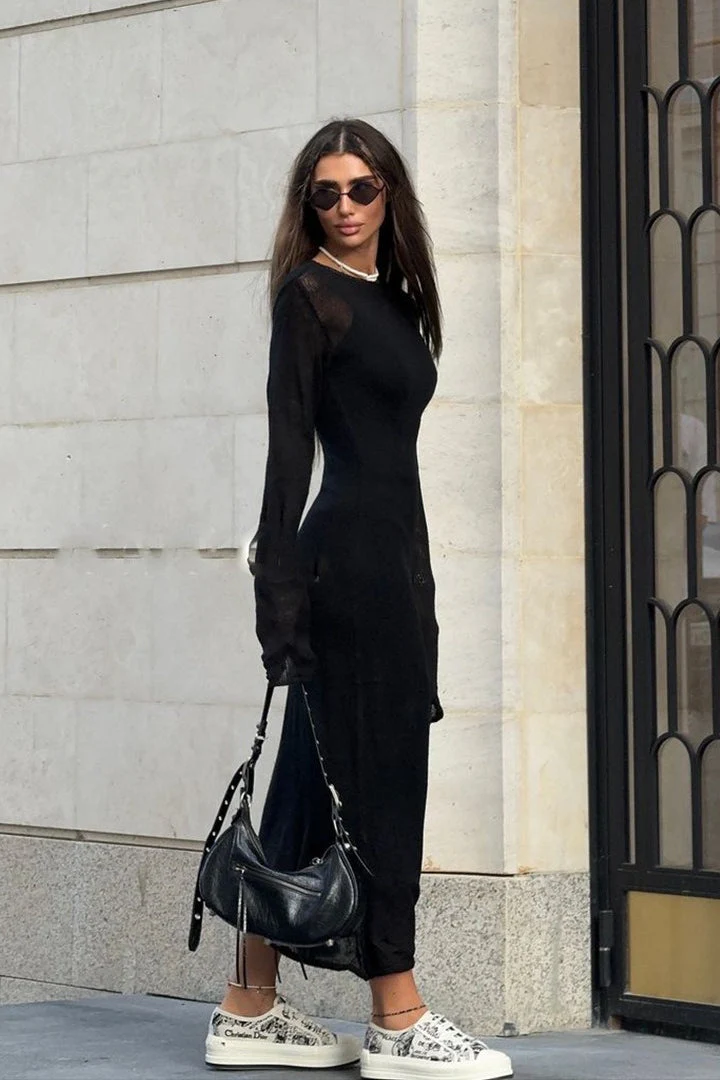 Hollow Out Pink Bodycon Knit Maxi Dress - Image 2