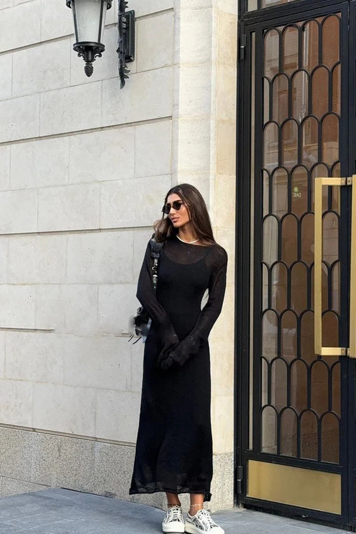 Hollow Out Pink Bodycon Knit Maxi Dress - Image 3