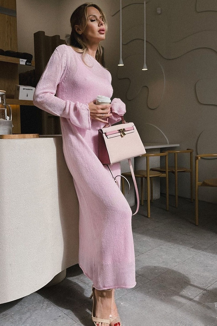 Hollow Out Pink Bodycon Knit Maxi Dress - Image 4