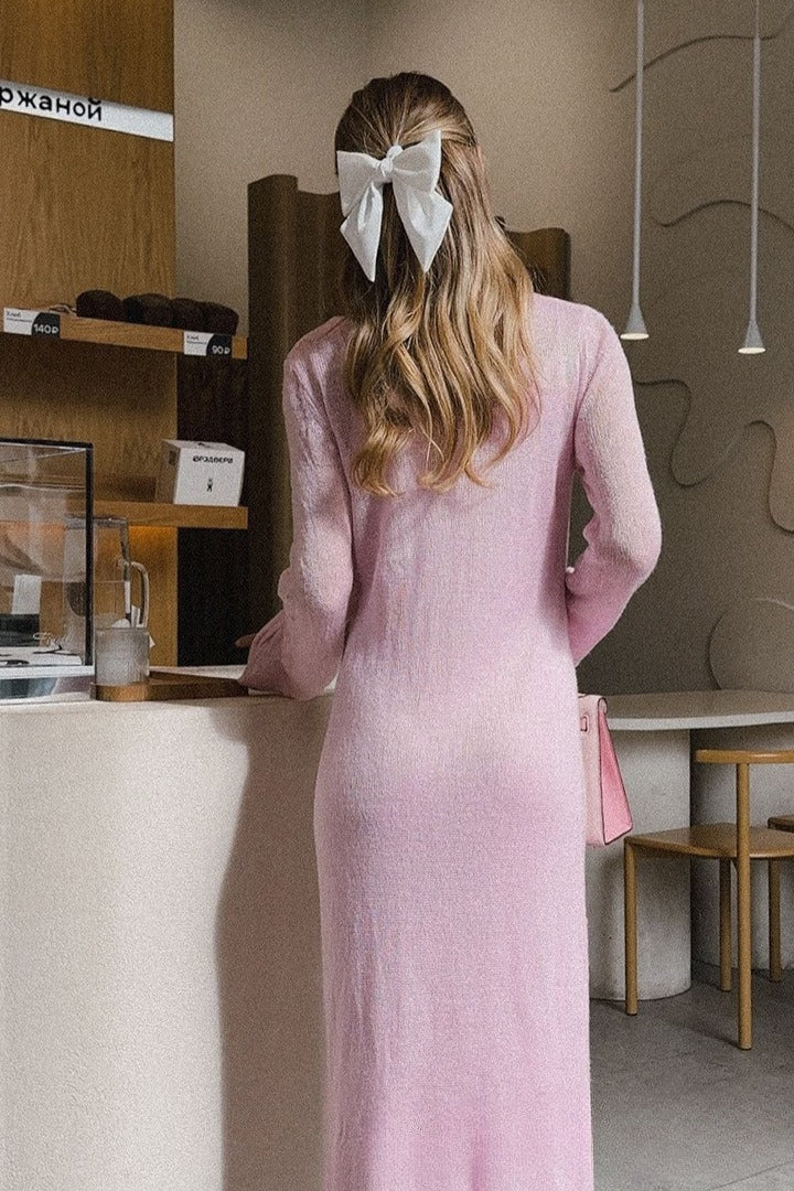 Hollow Out Pink Bodycon Knit Maxi Dress - Image 5