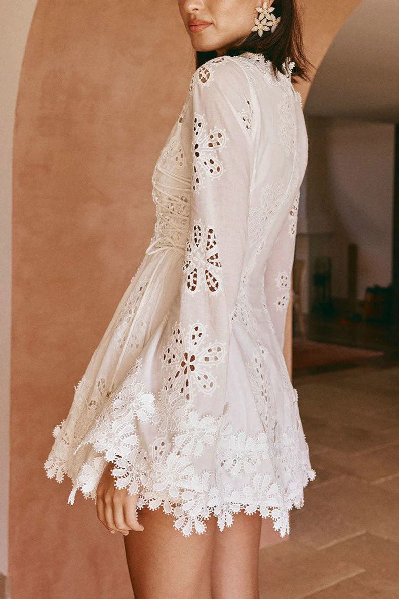 Lace Trim V-Neck Tie Mini Dress - Image 3
