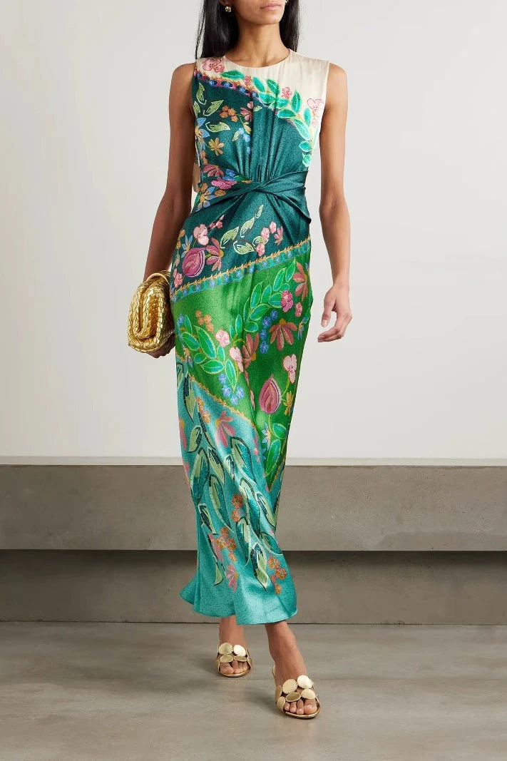 Satin Knot Front Sleeveless Midi Dress - Image 2