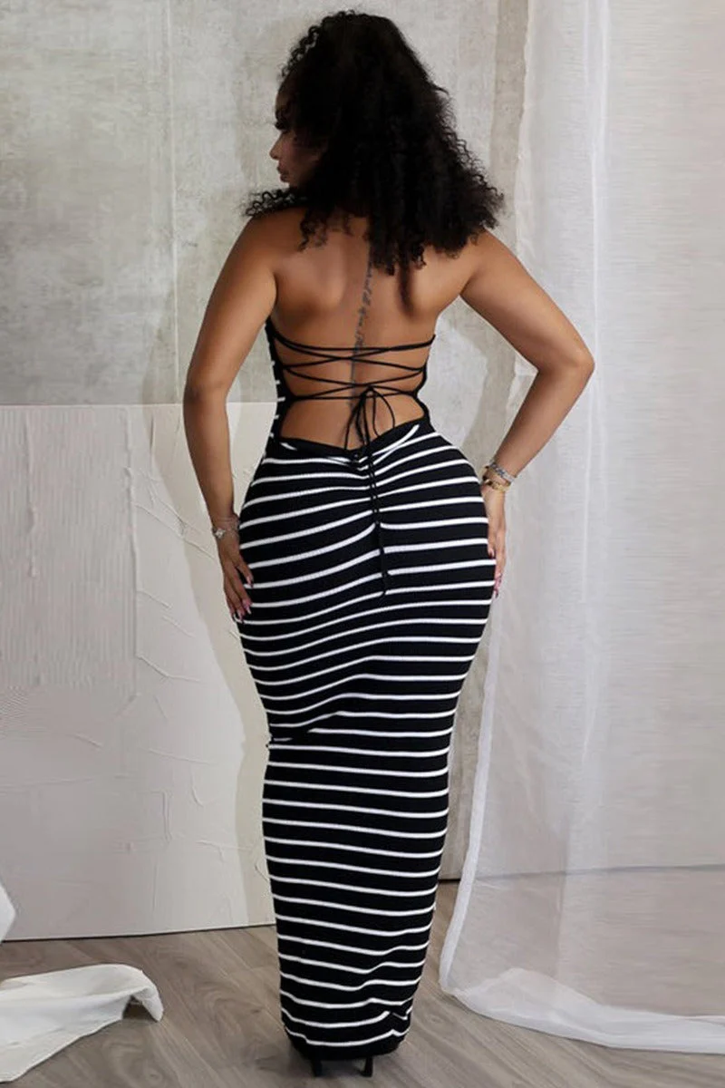 Striped Backless Tie-Back Halter Maxi Dress - Image 4