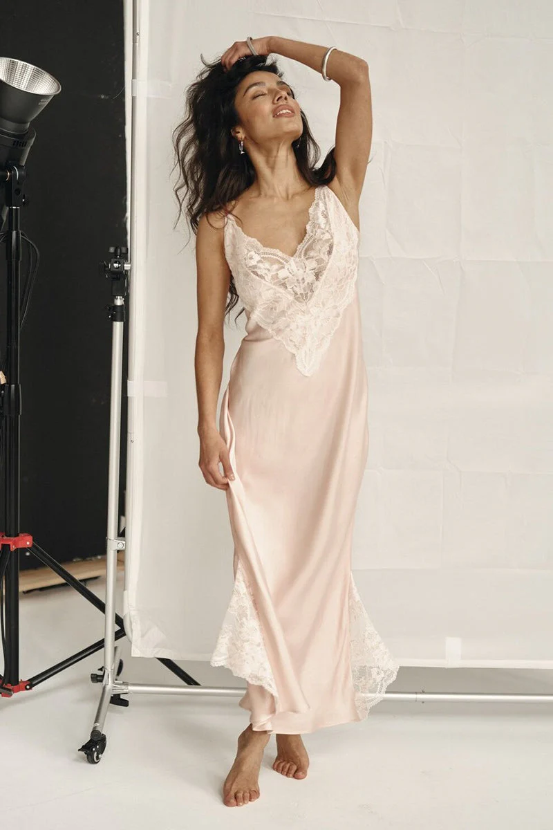 Lace Spaghetti Strap Silk-Like Slit Maxi Dress - Image 11