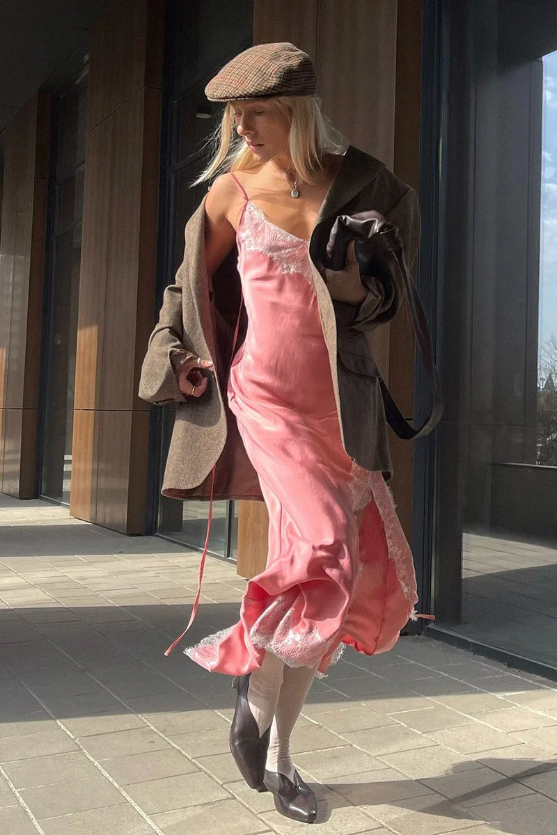 Lace Spaghetti Strap Silk-Like Slit Maxi Dress - Image 5