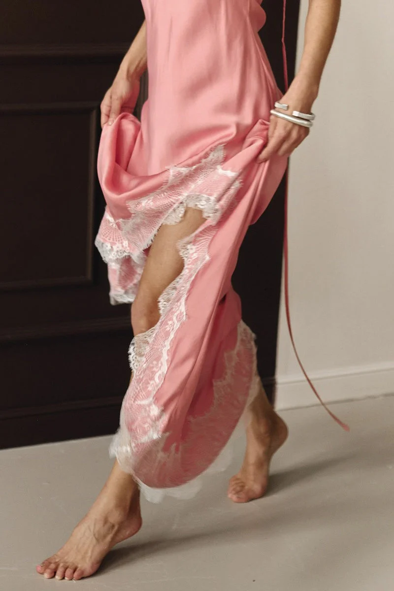 Lace Spaghetti Strap Silk-Like Slit Maxi Dress - Image 7