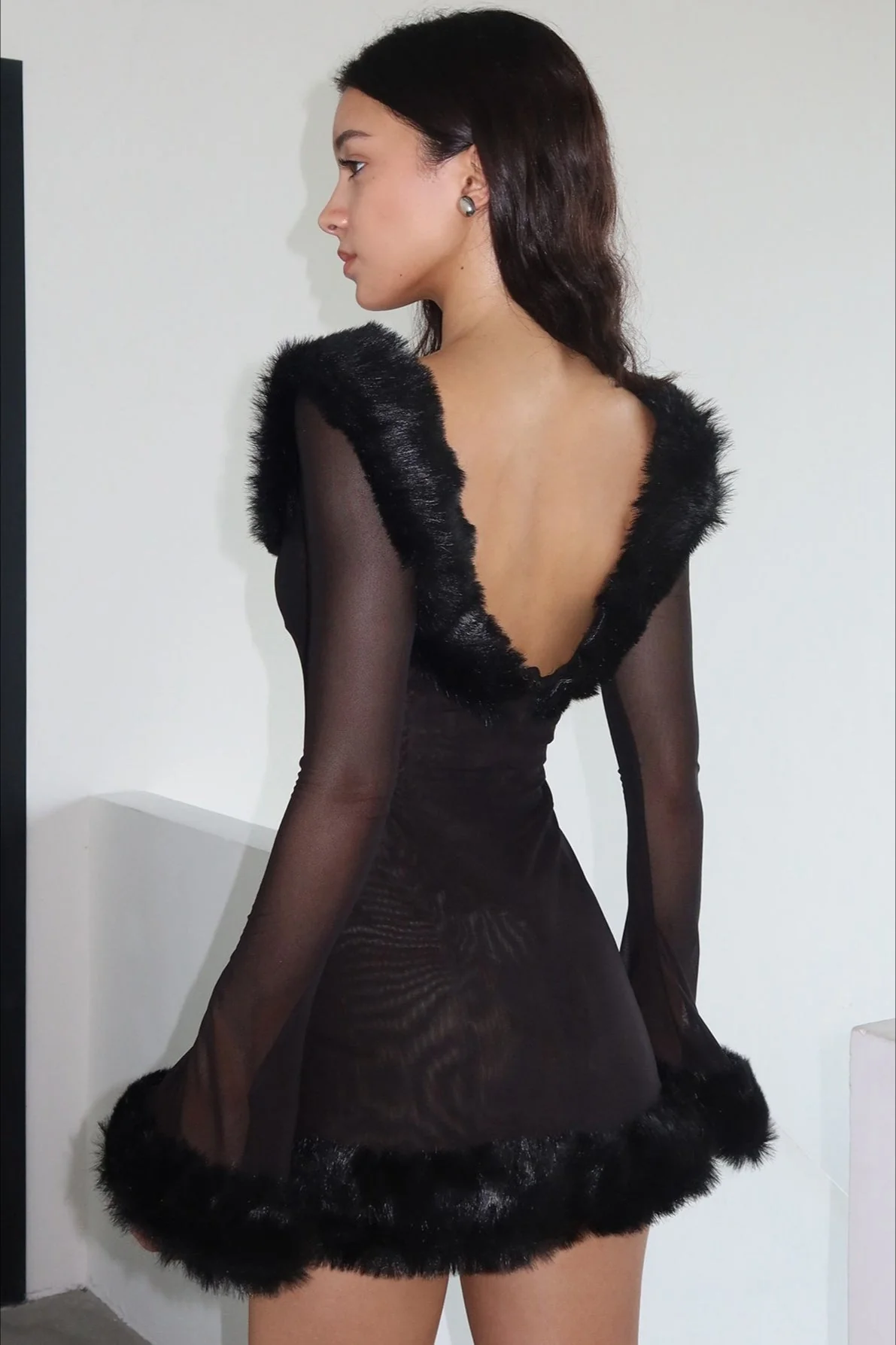 Wool Collar Off-Shoulder Long Sleeve Bodycon Mini Dress - Image 4