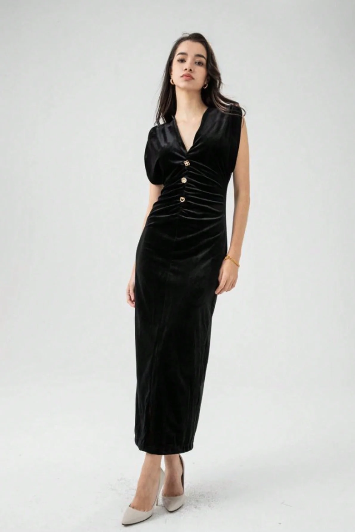 Velvet Ruched V-Neck Bodycon Midi Dress - Image 2