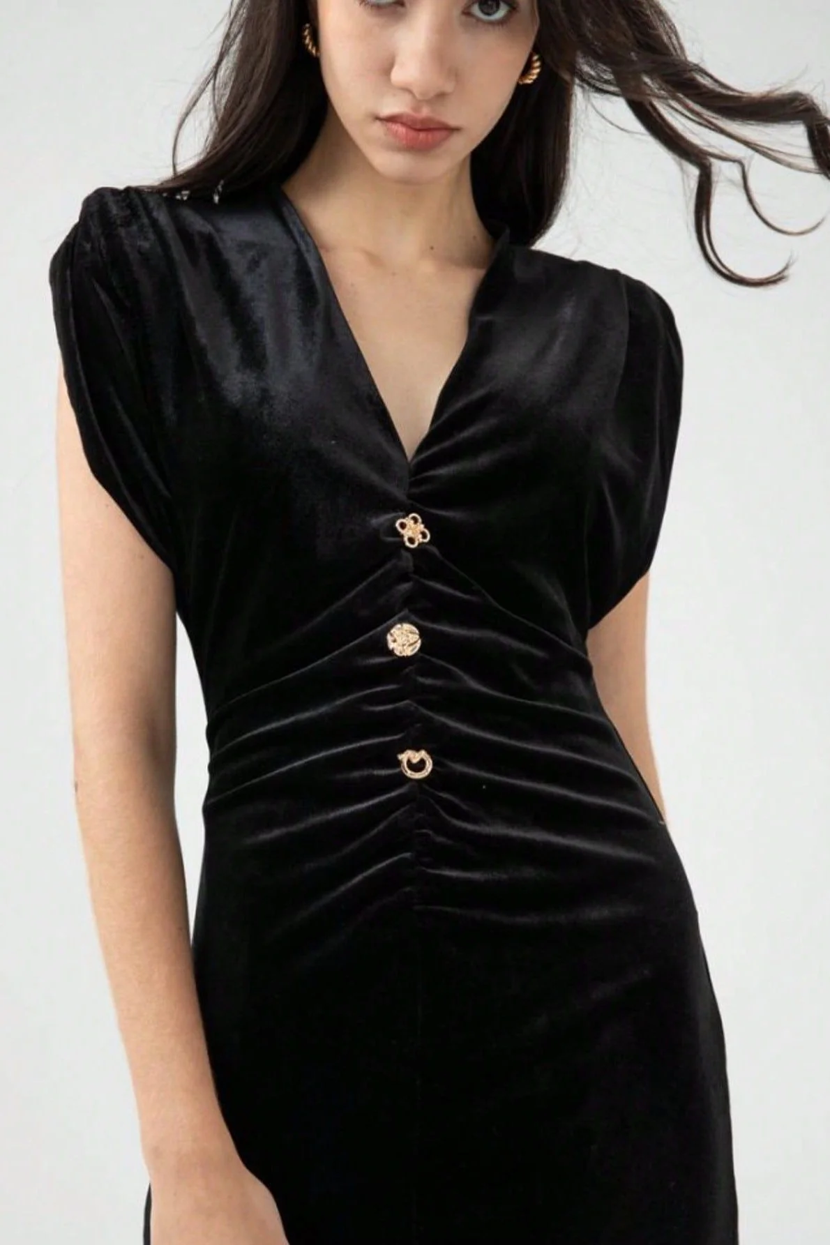 Velvet Ruched V-Neck Bodycon Midi Dress - Image 4