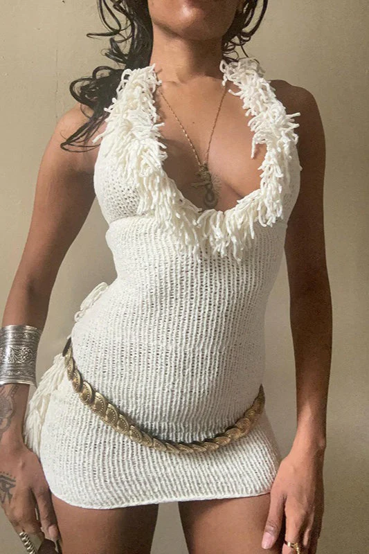 Fringe Halter Backless Bodycon Knit Mini Dress - Image 2