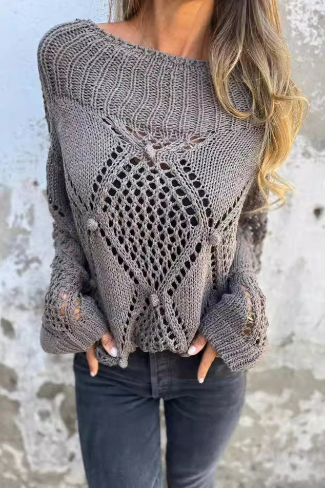Round Neck Hollow Knit Sweater - Image 2