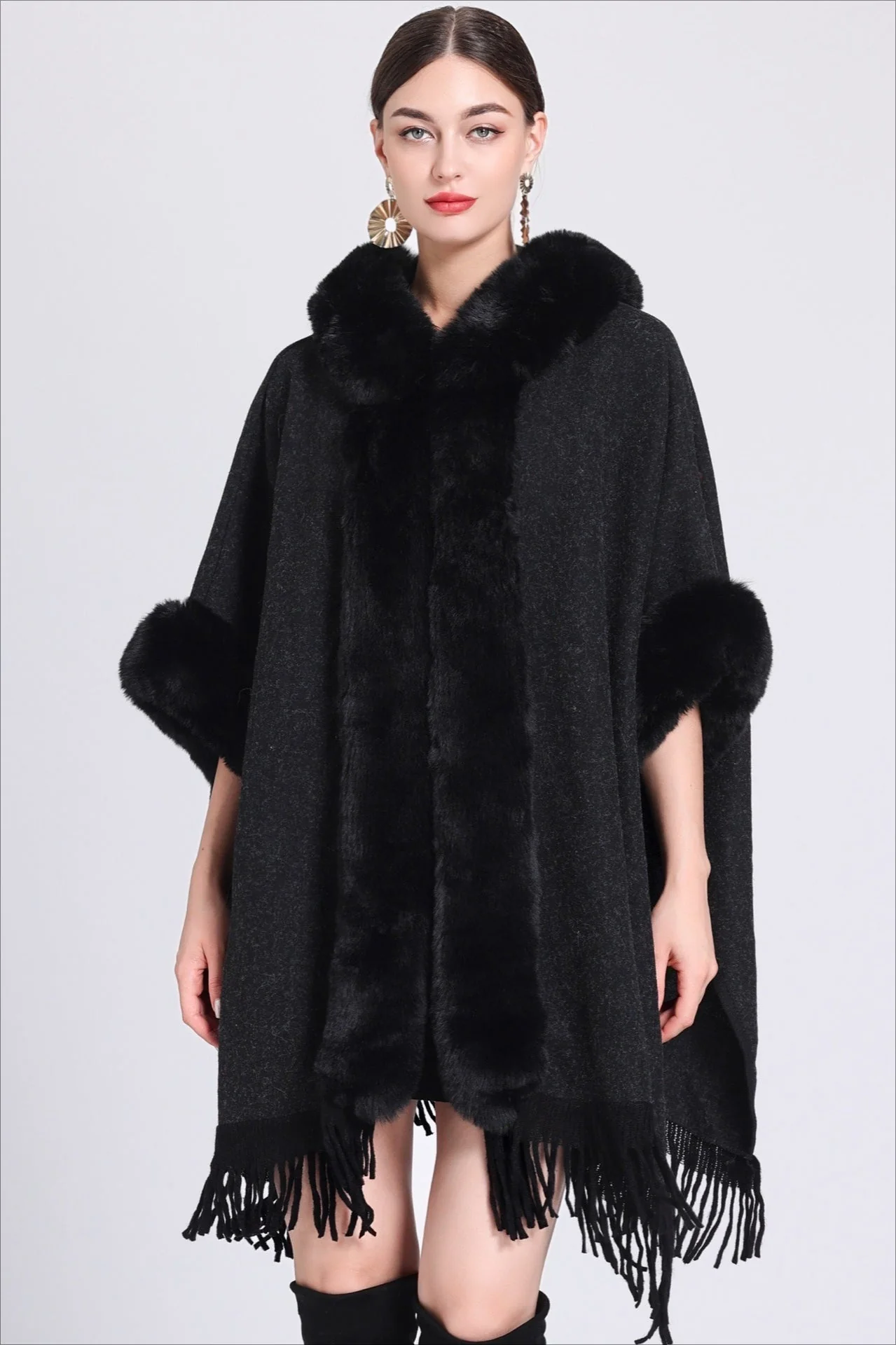 Plus Size Hooded Wool Cape Coat - Image 7