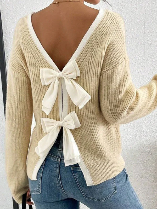 Back Bow Detail Crewneck Knit Sweater - Image 2