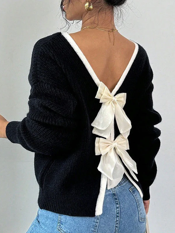 Back Bow Detail Crewneck Knit Sweater - Image 4