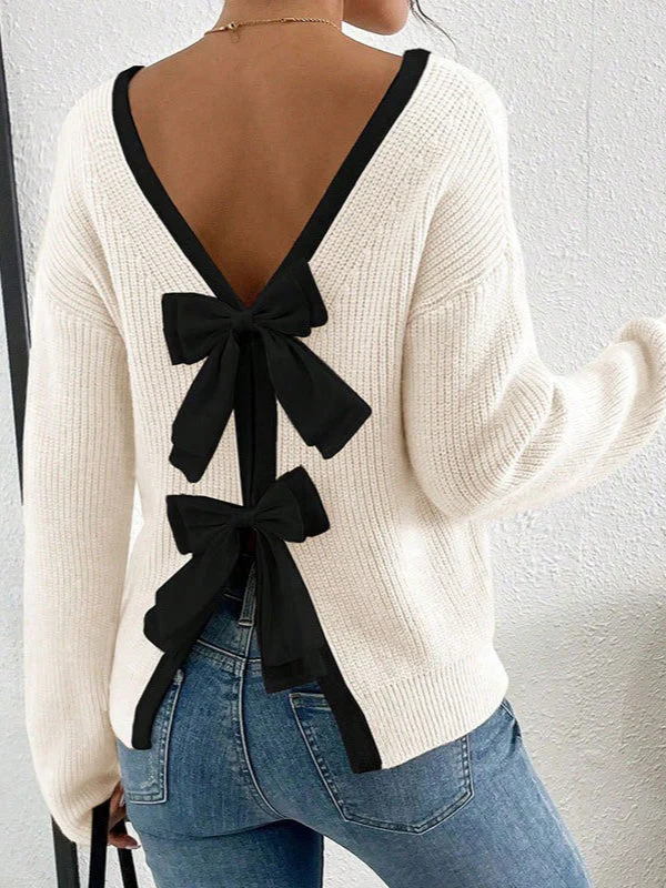 Back Bow Detail Crewneck Knit Sweater - Image 6