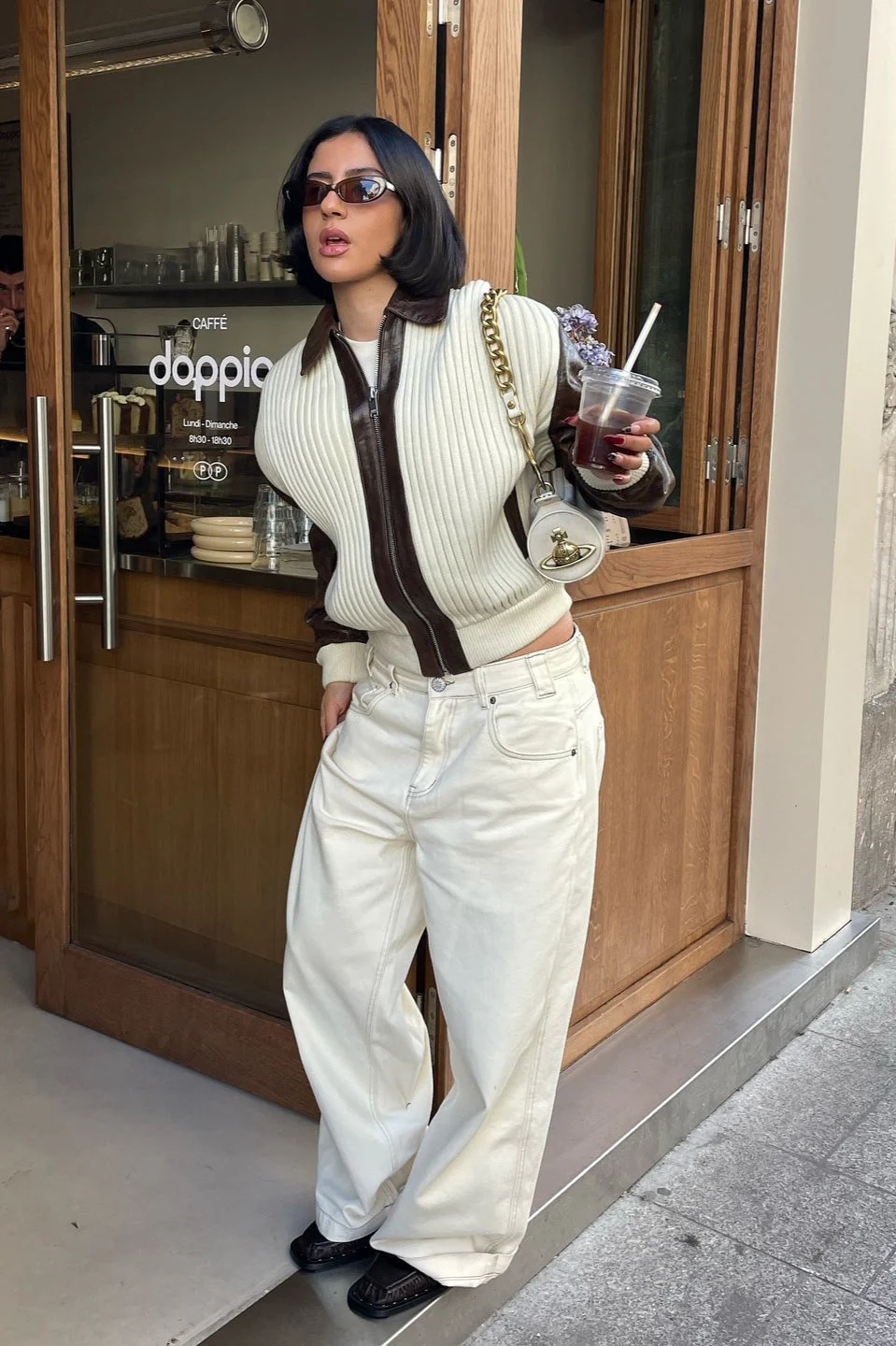 Long Sleeve Knit and Leather Jacket - Image 2