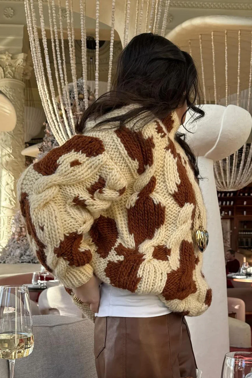 Cow Print Cable Knit Turtleneck Sweater - Image 2