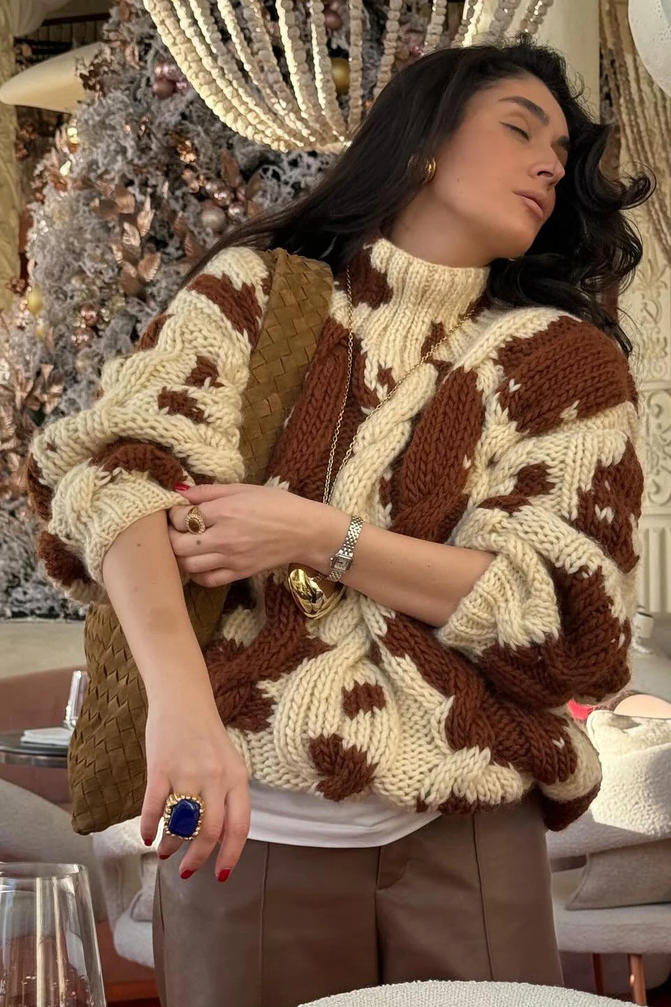 Cow Print Cable Knit Turtleneck Sweater - Image 3